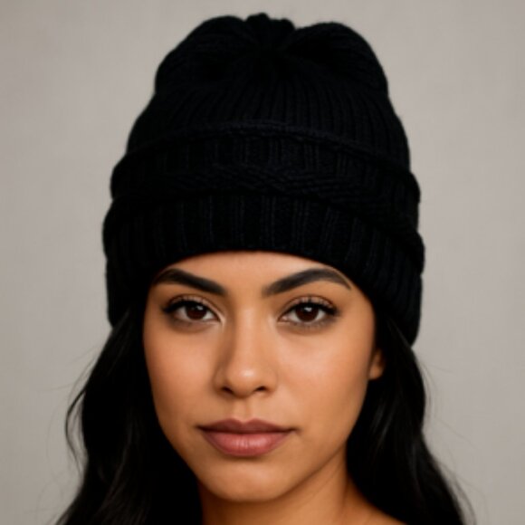 Black Chunky Knit Messy Bun Beanie | Winter Ponytail Hat | Ribbed Stretch New - Picture 1 of 3